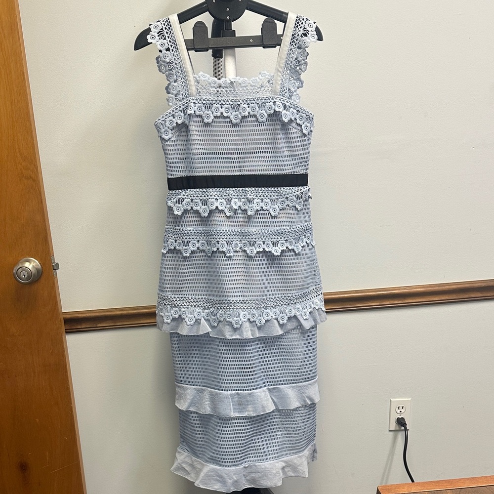 Self-Portrait Sky Blue Lace-Trim Midi Dress with Black Waist